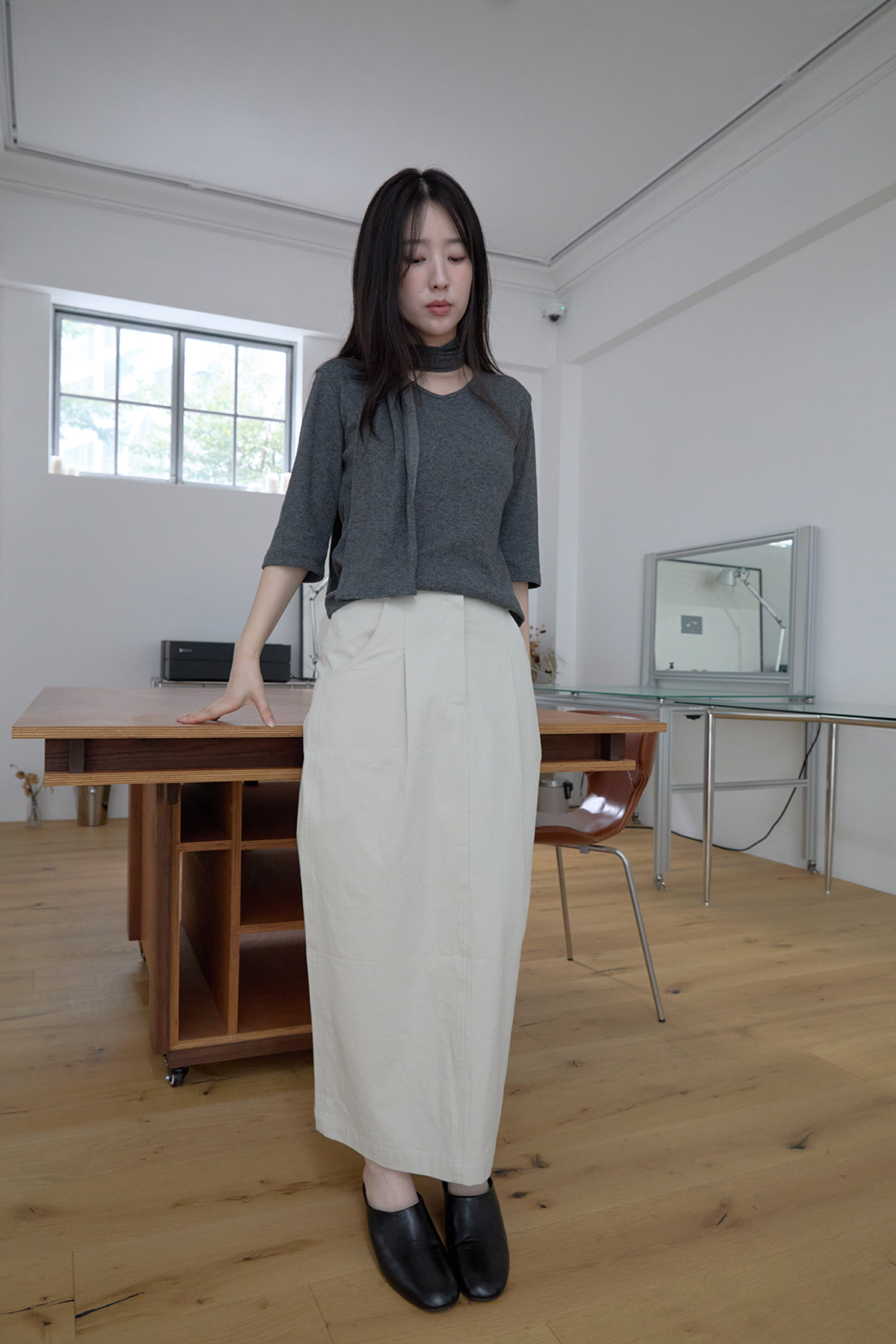 コットンピンタックHライン(ロング丈)無地スカートFW | 詳細画像3
