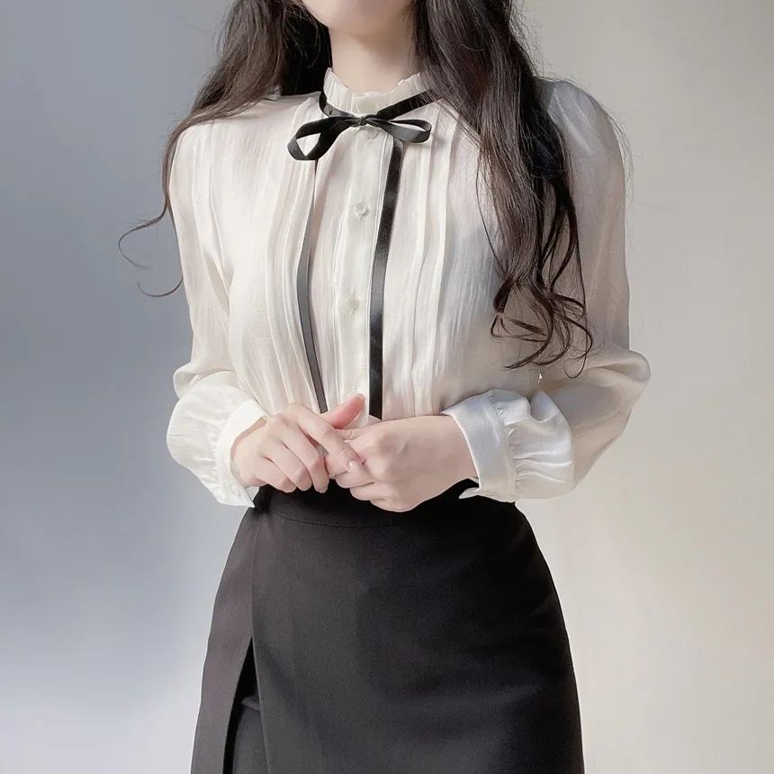 ピンタックフリルリボン(固定)ブラウス | mirangmirang | 詳細画像2