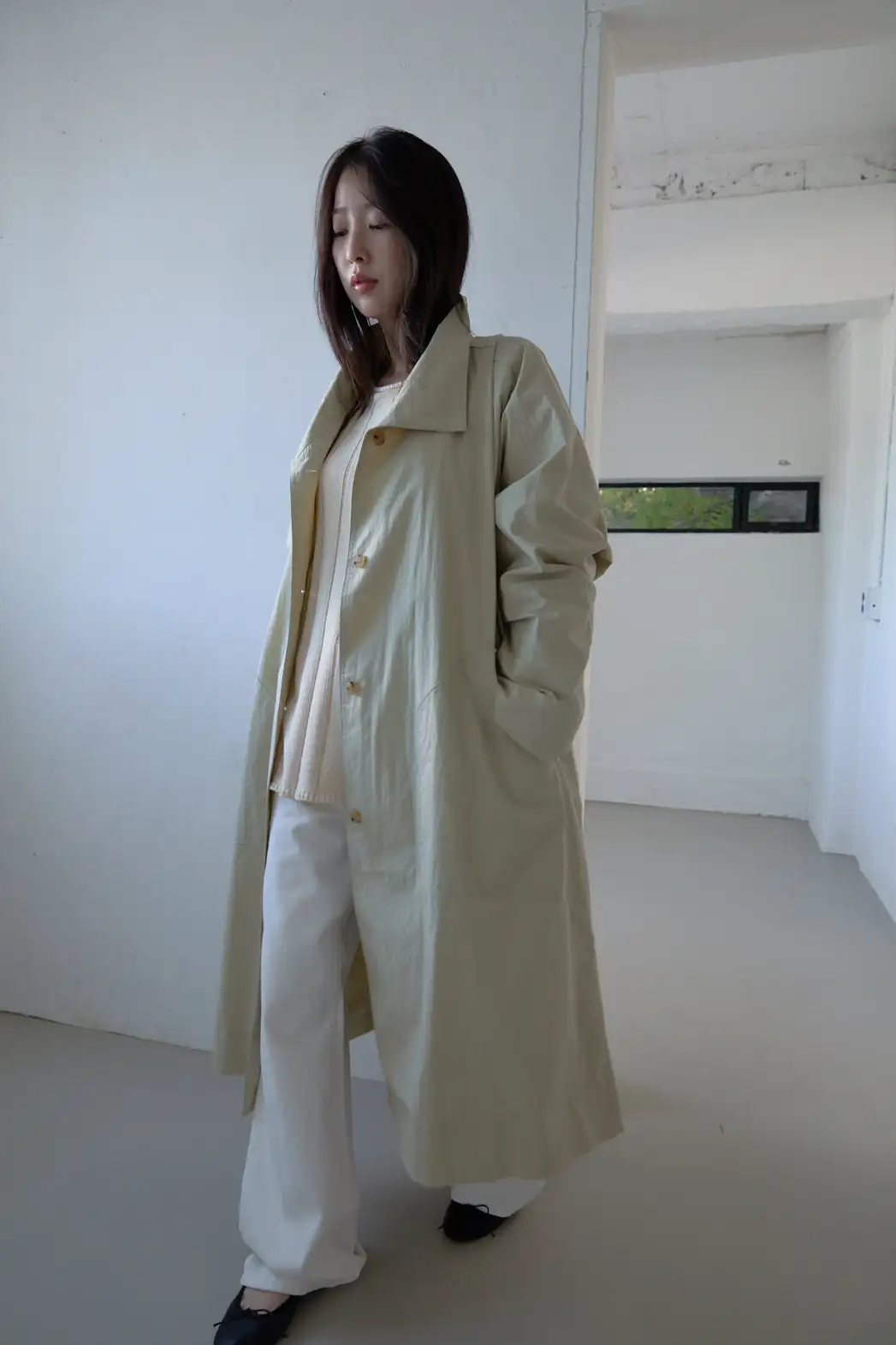 ボタンハイネックポケットロング無地コートトレンチコートFW | 詳細画像1