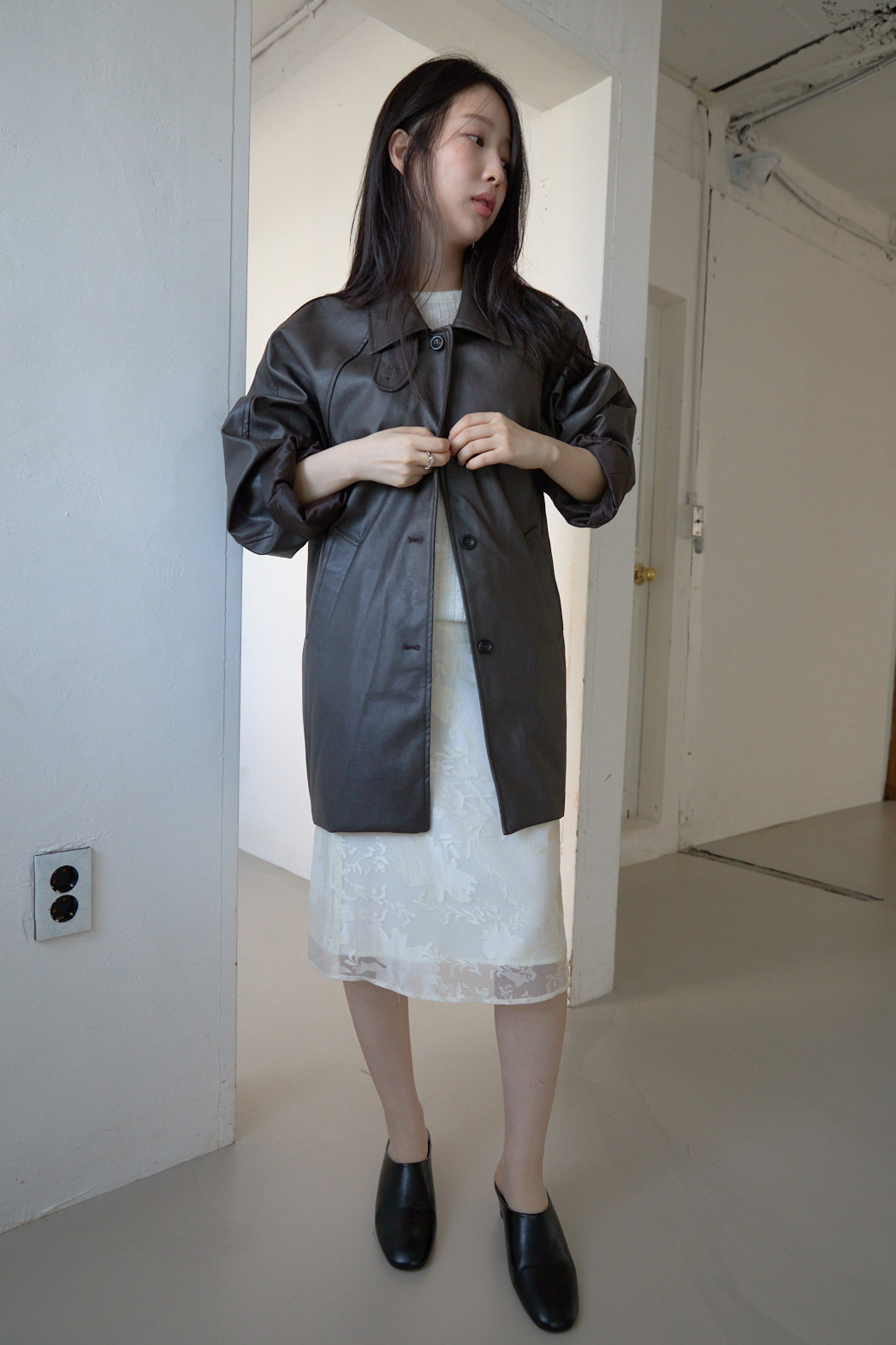 レザー調オーバーサイズルーズハーフ無地ジャケットFW | 詳細画像8