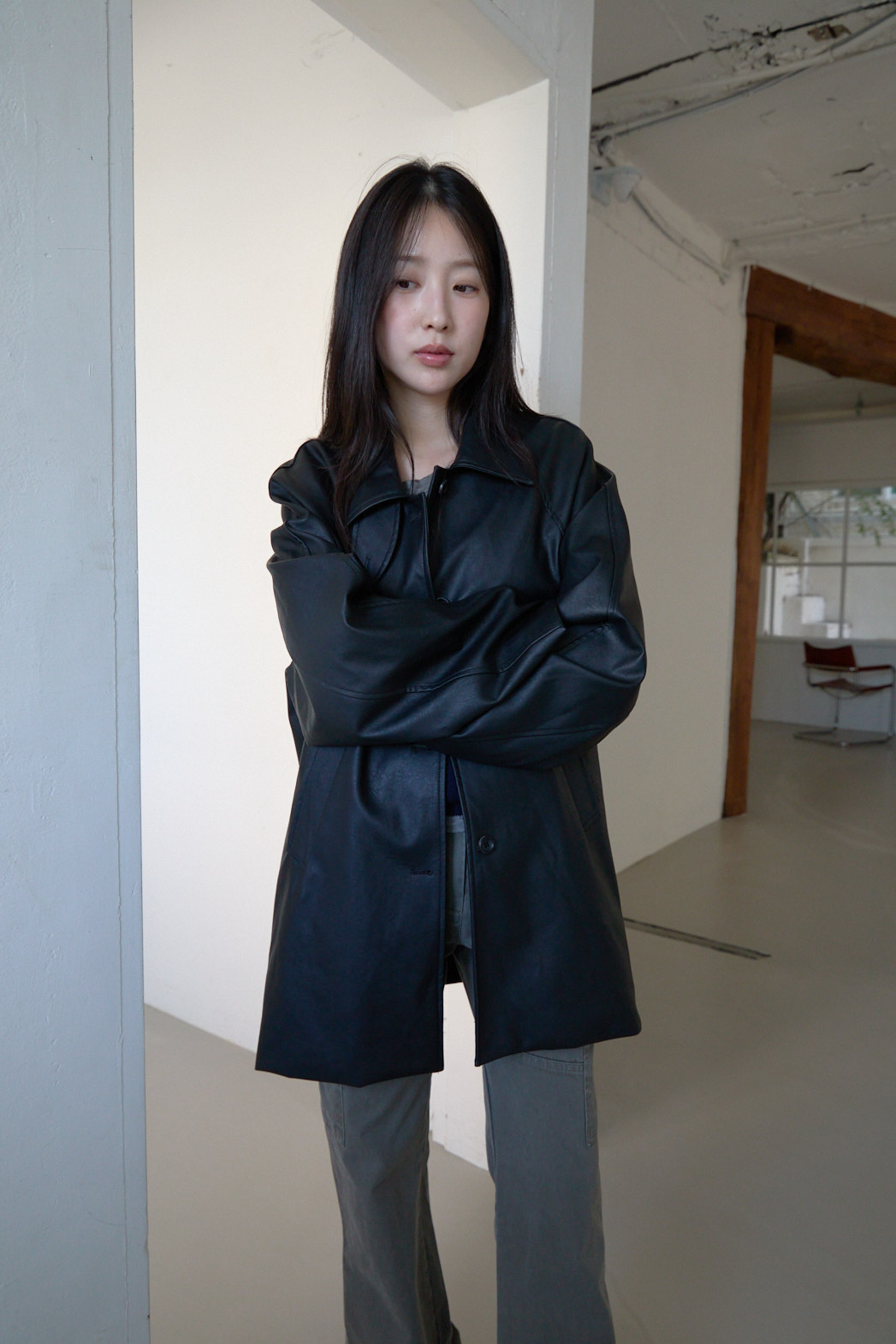 レザー調オーバーサイズルーズハーフ無地ジャケットFW | 詳細画像11