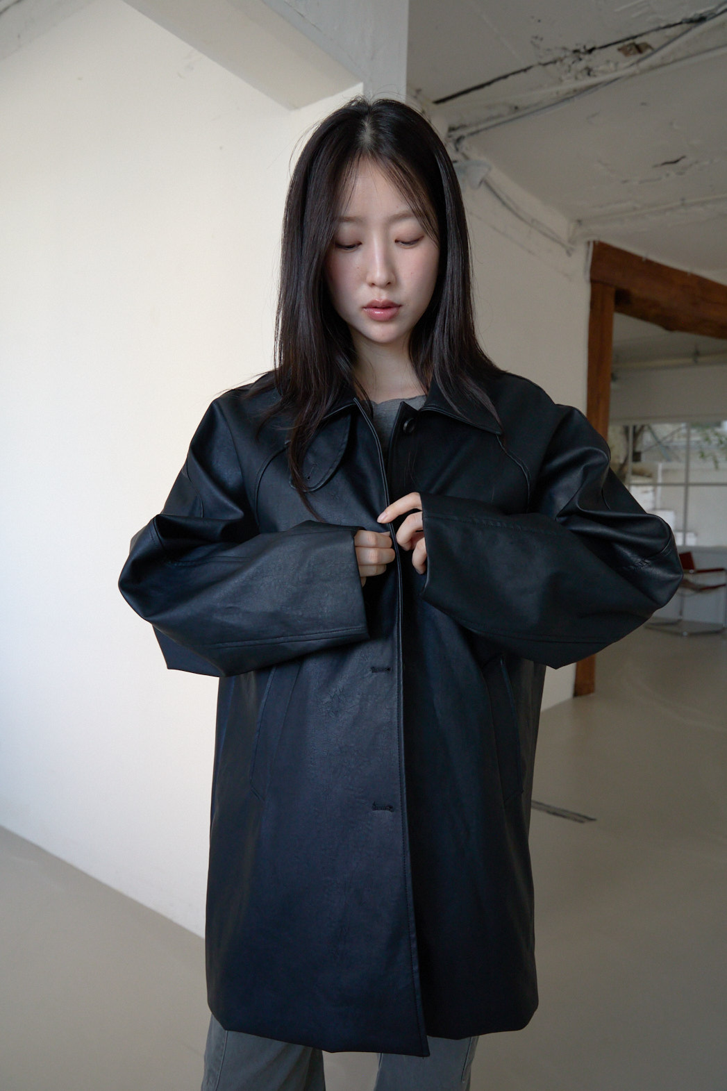 レザー調オーバーサイズルーズハーフ無地ジャケットFW | 詳細画像12