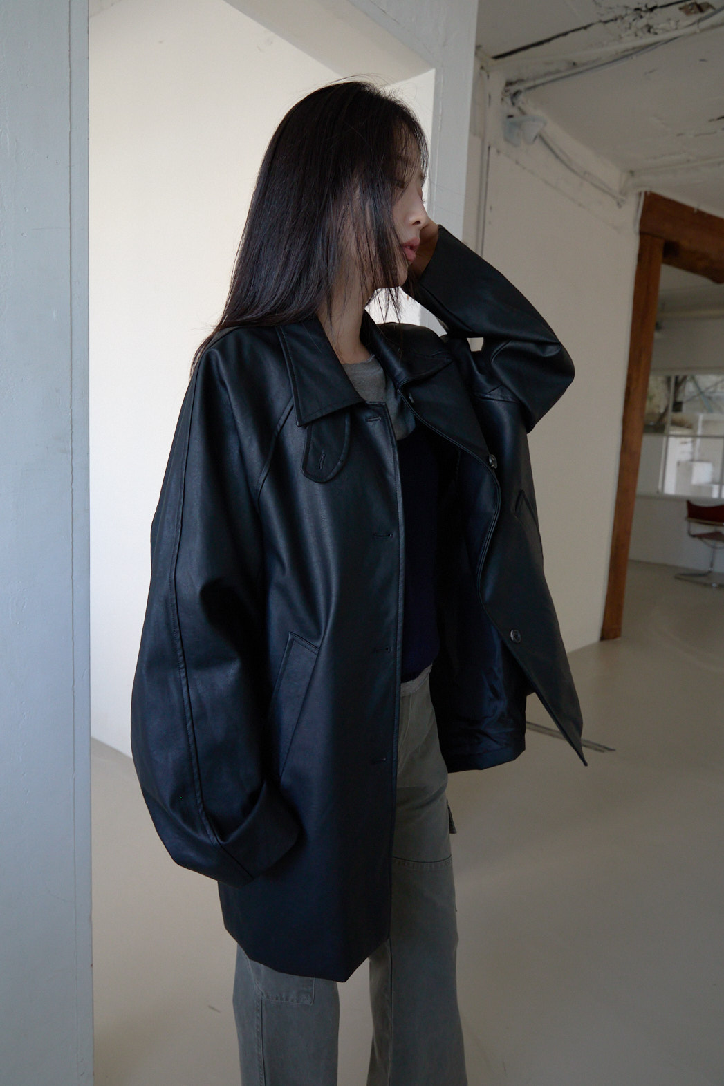 レザー調オーバーサイズルーズハーフ無地ジャケットFW | 詳細画像17