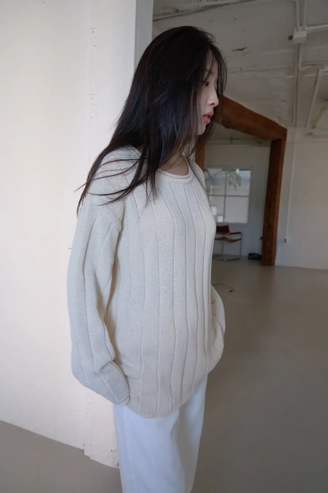 コットンラウンドネックオーバーサイズルーズリブ無地ニットFW | 詳細画像1