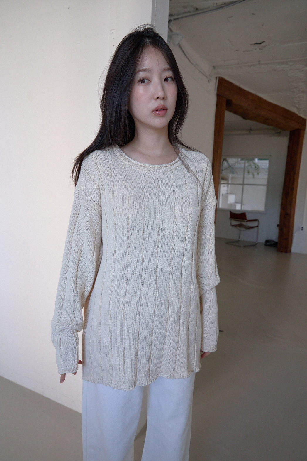 コットンラウンドネックオーバーサイズルーズリブ無地ニットFW | 詳細画像4