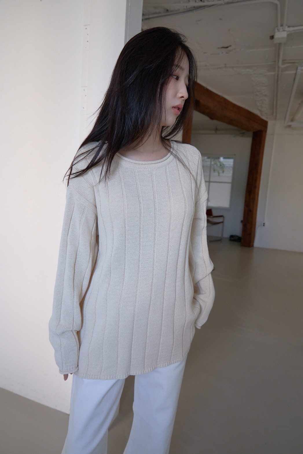 コットンラウンドネックオーバーサイズルーズリブ無地ニットFW | 詳細画像5