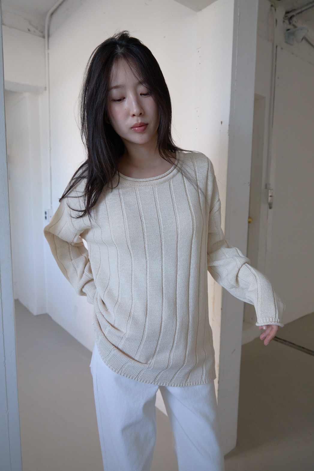 コットンラウンドネックオーバーサイズルーズリブ無地ニットFW | 詳細画像7