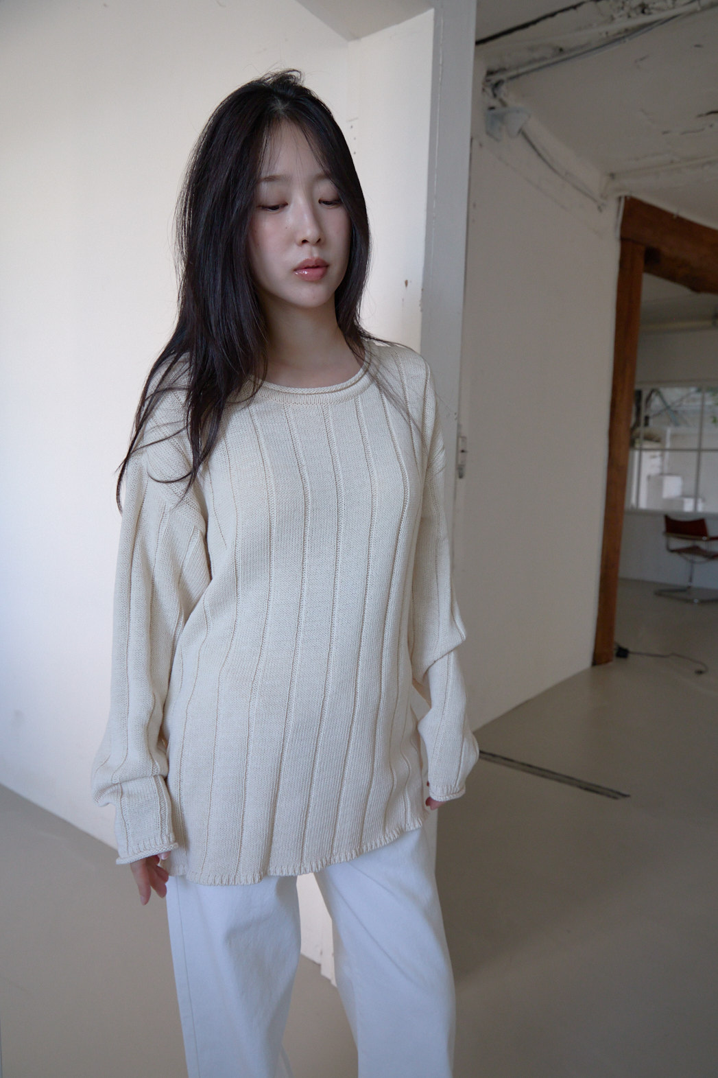 コットンラウンドネックオーバーサイズルーズリブ無地ニットFW | 詳細画像8