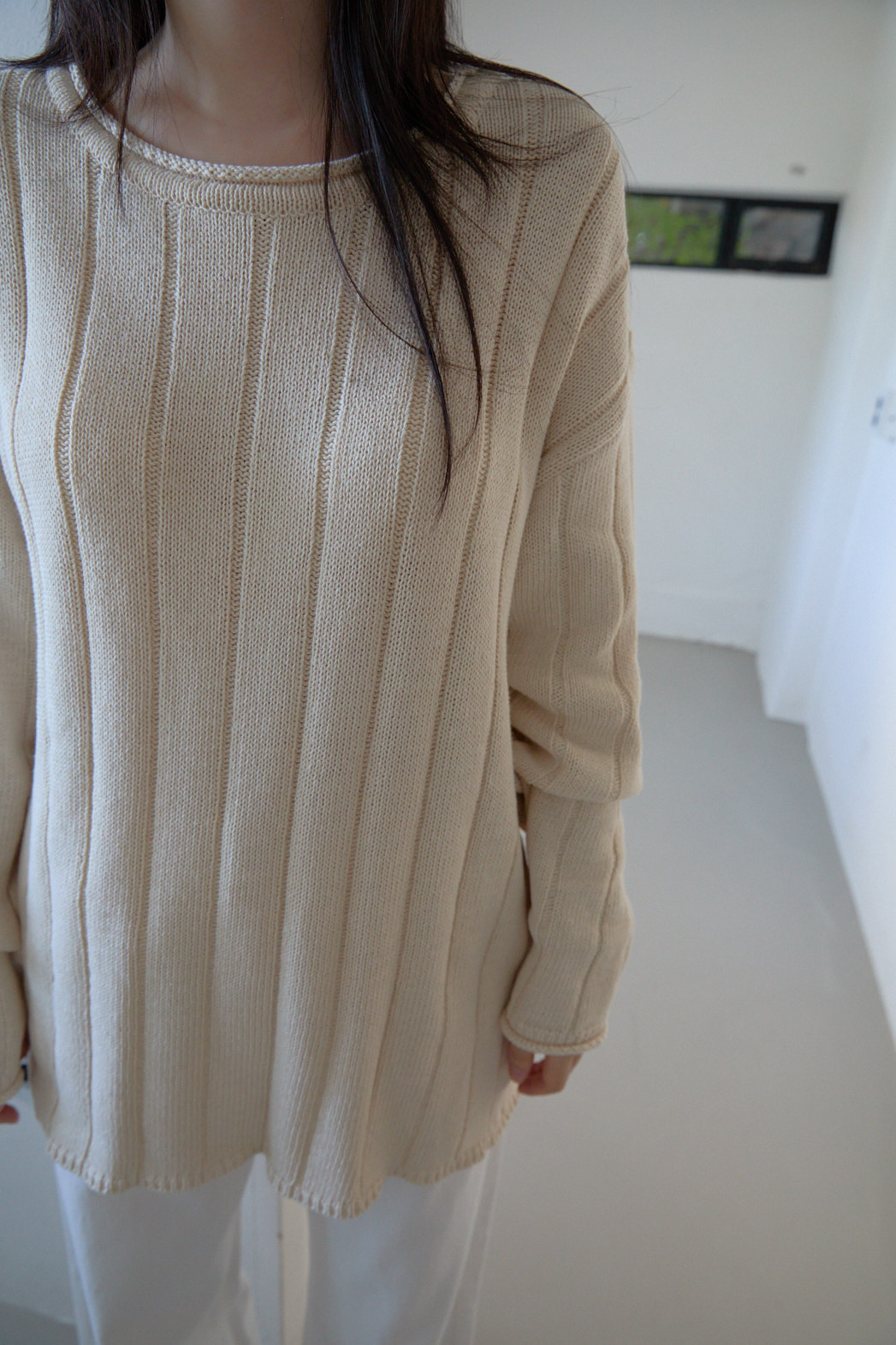 コットンラウンドネックオーバーサイズルーズリブ無地ニットFW | 詳細画像15