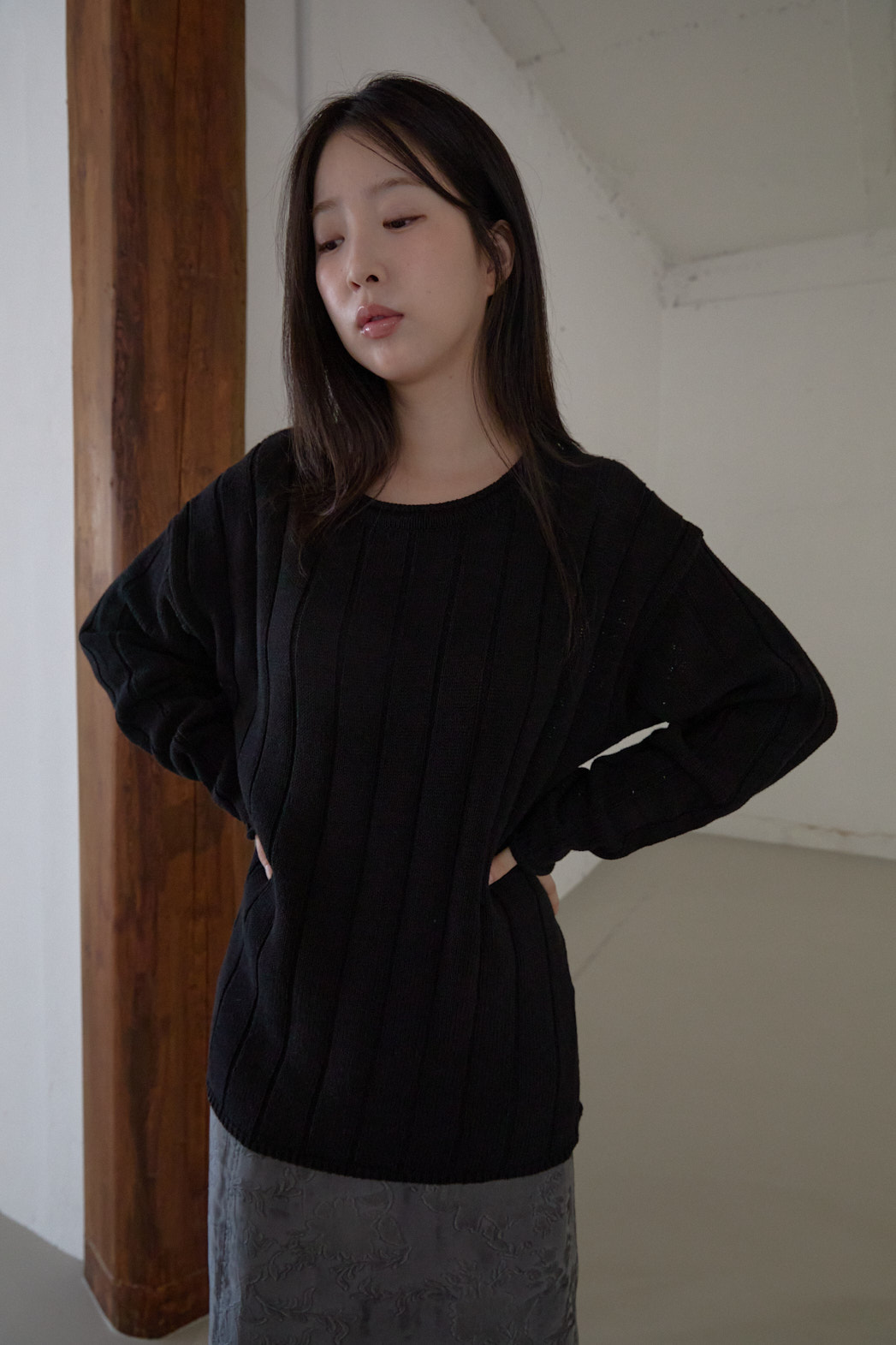コットンラウンドネックオーバーサイズルーズリブ無地ニットFW | 詳細画像24