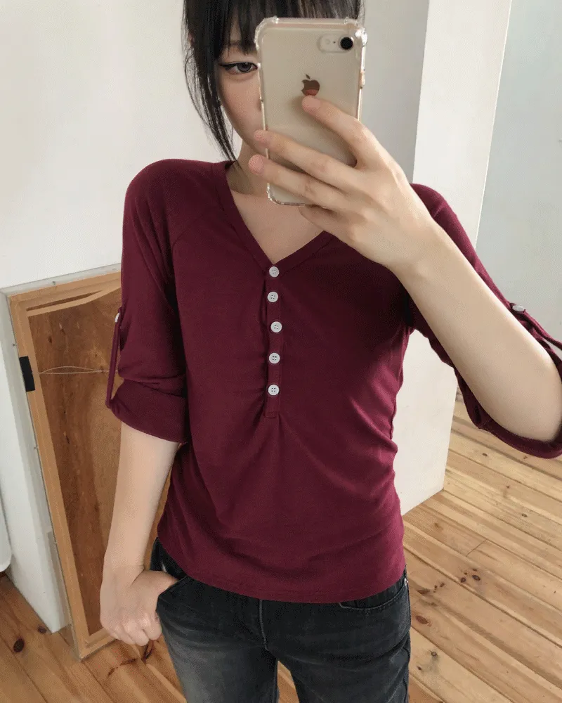 7分袖ロールアップVネックTシャツ | WONDERWONDER | 詳細画像1