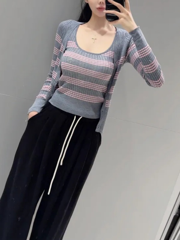 ボタン長袖ボーダーカーディガンキャミワンピースセット | 詳細画像6