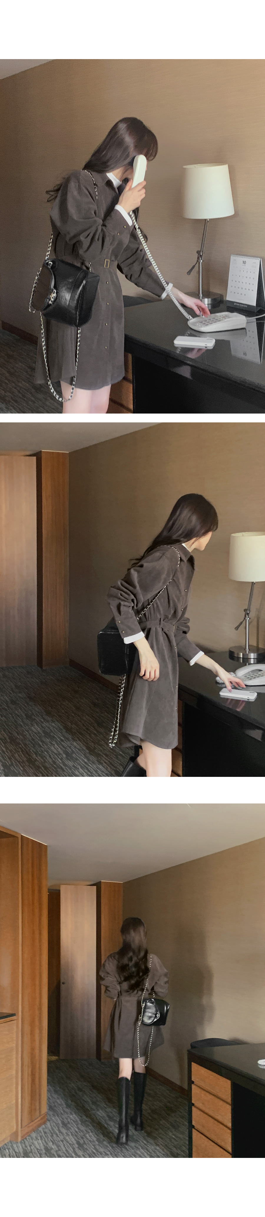 ボタンカラーゴールドボタン長袖ワンピースベルトセット | 詳細画像11