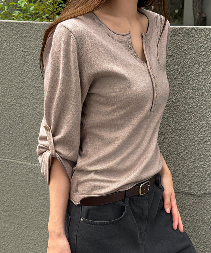 ヘンリーネック長袖ベーシックボタンTシャツ | レディースファッション