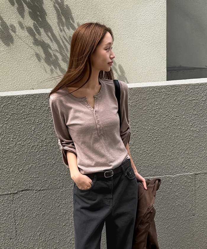 ヘンリーネック長袖ベーシックボタンTシャツ | レディースファッション