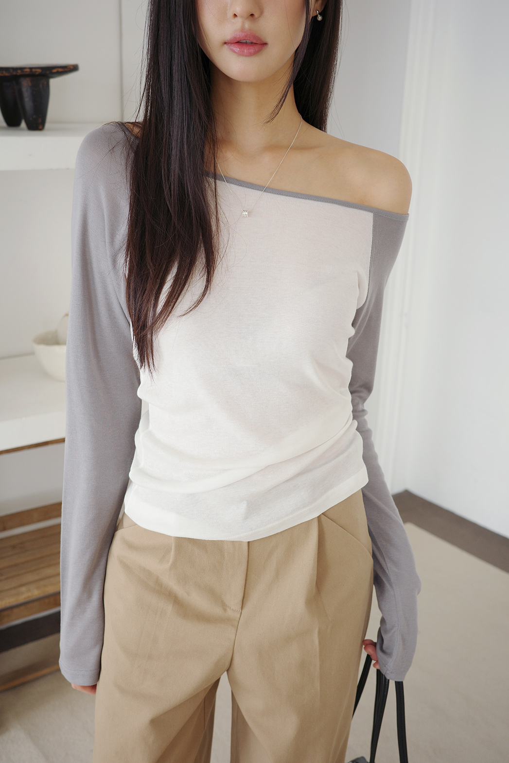 配色オフショルダーベーシック長袖Tシャツ | DHOLIC | 詳細画像7