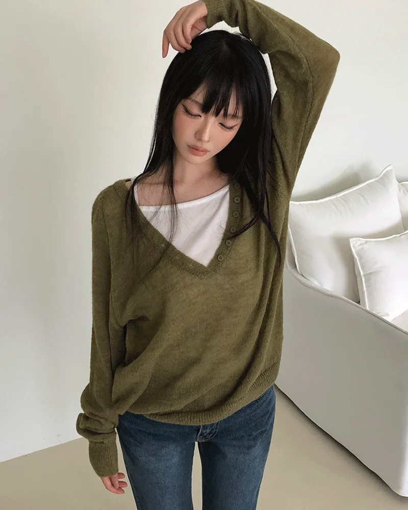 モヘア混ウール混Vネック長袖ルーズボタンニット | WONDERWONDER | 詳細画像1