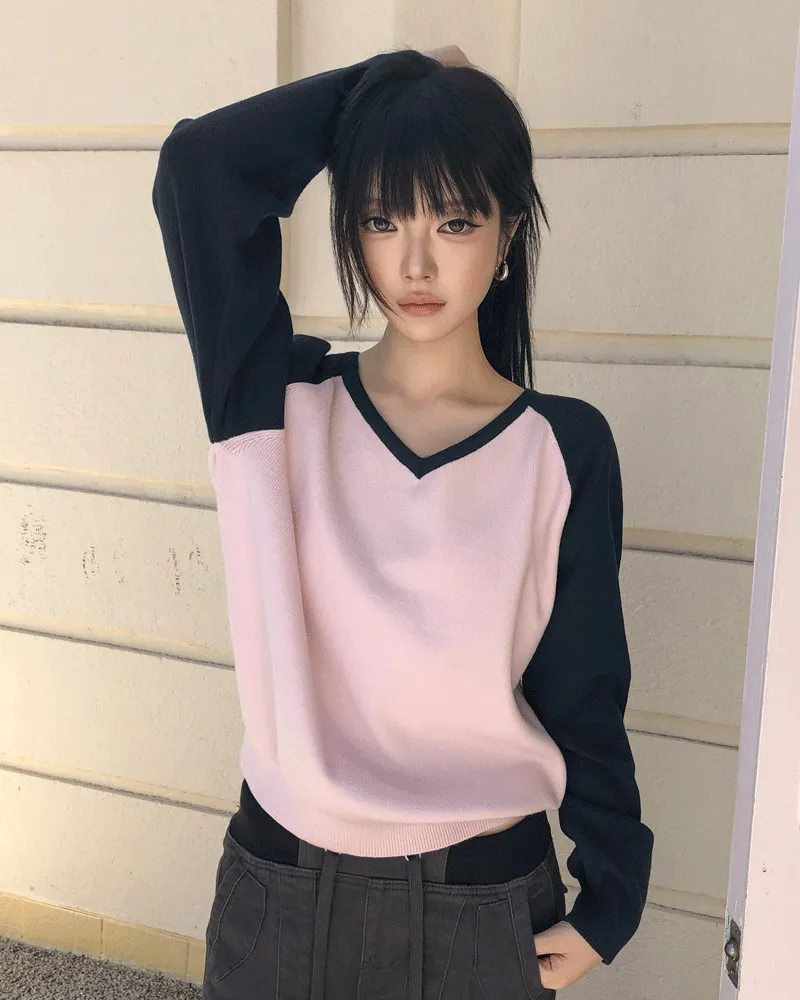配色Vネック長袖ルーズニット | WONDERWONDER | 詳細画像1