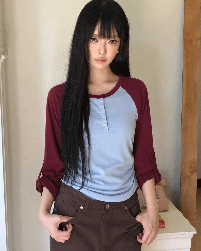 配色ロールアップ長袖スリムTシャツ | WONDERWONDER | 詳細画像1