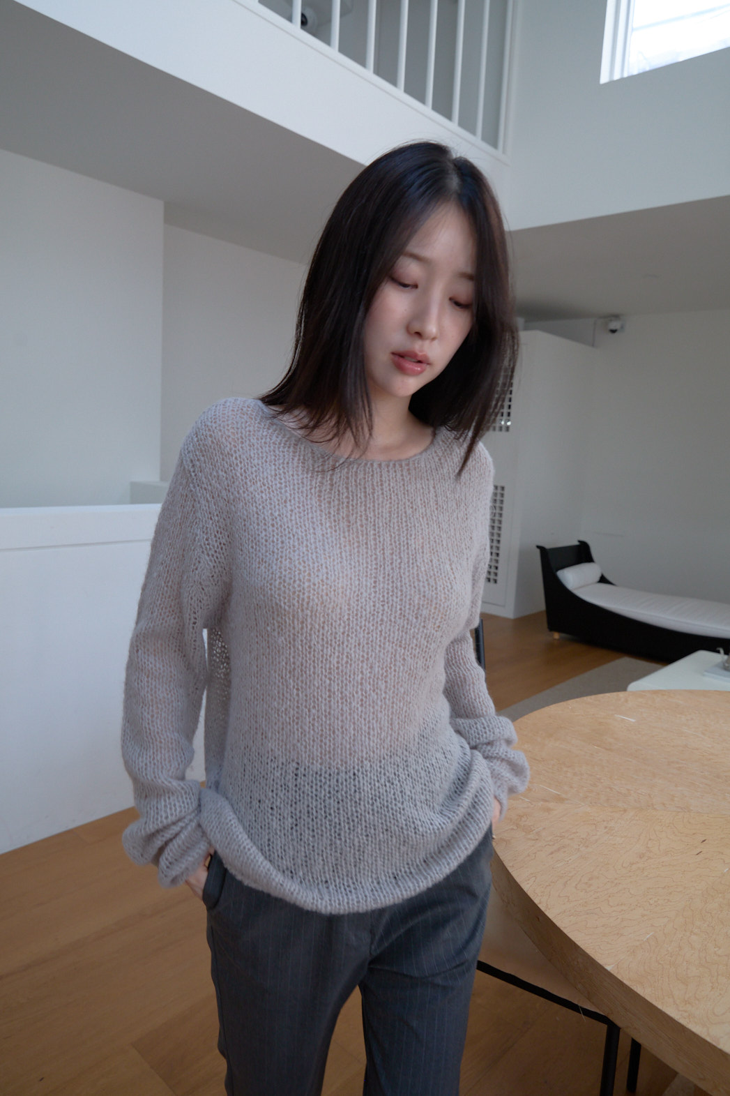 ウール混アルパカ混紡ボートネックオーバーサイズルーズ無地ニットFW | 詳細画像8
