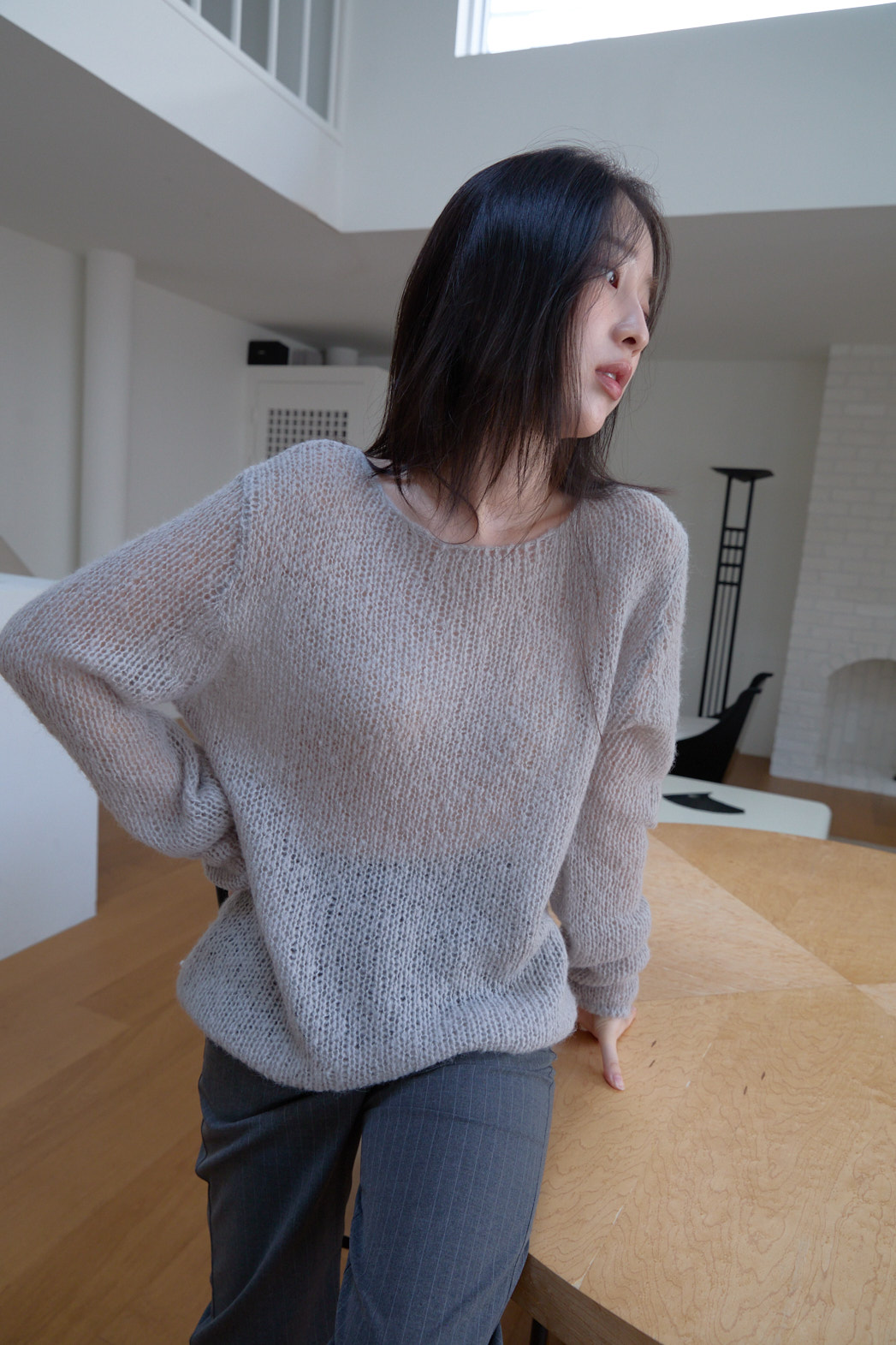 ウール混アルパカ混紡ボートネックオーバーサイズルーズ無地ニットFW | 詳細画像10