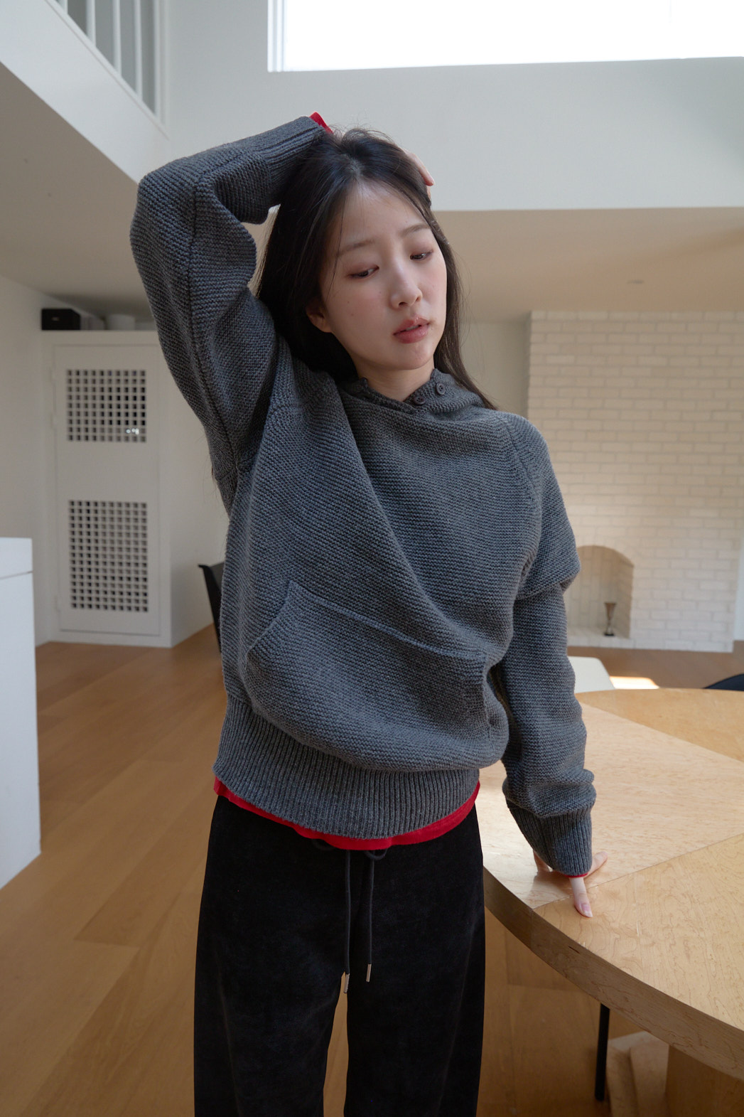 ニットウール混フードオーバーサイズルーズカンガルーポケット無地ニットFW | 詳細画像2