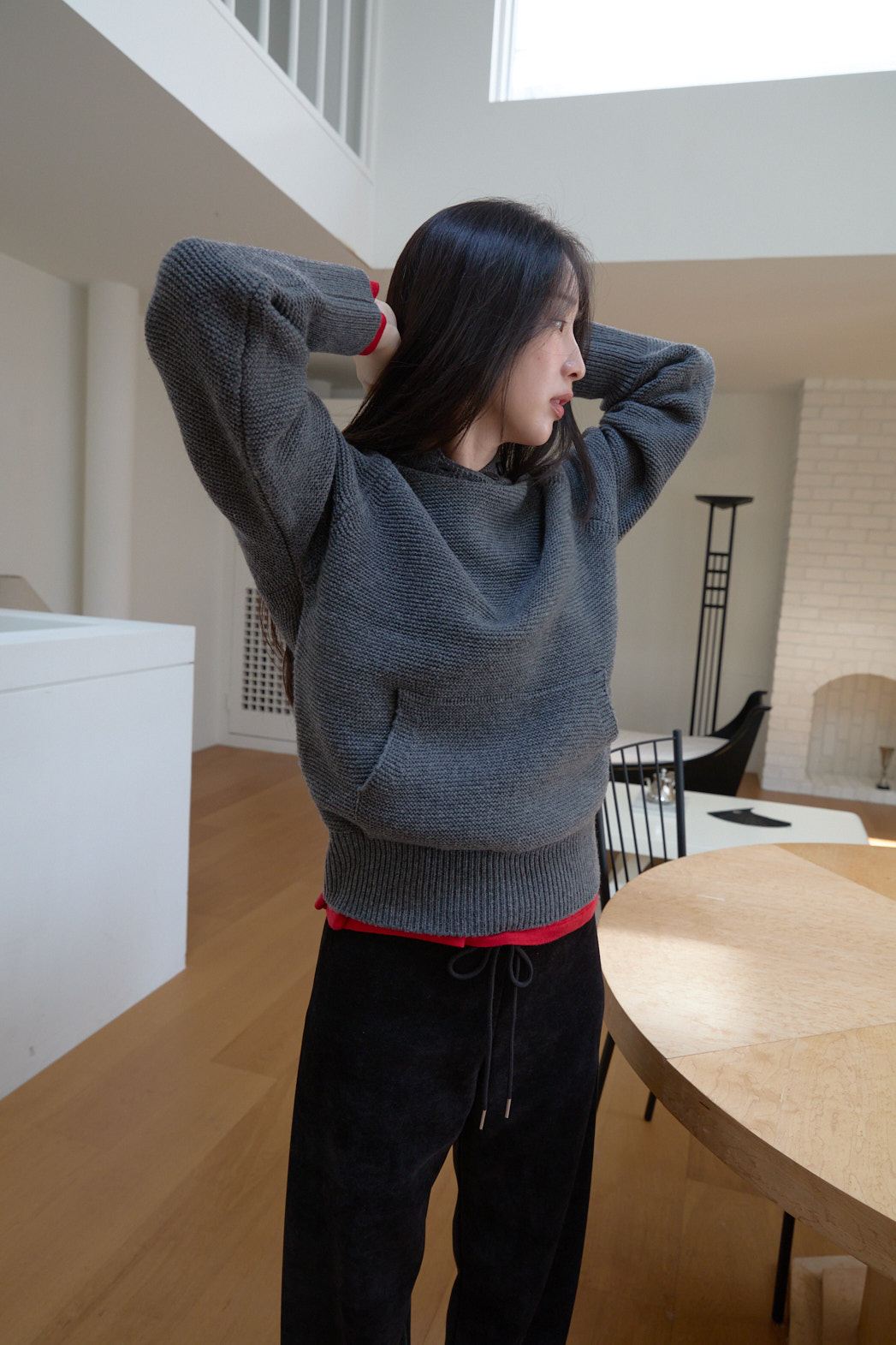 ニットウール混フードオーバーサイズルーズカンガルーポケット無地ニットFW | 詳細画像3