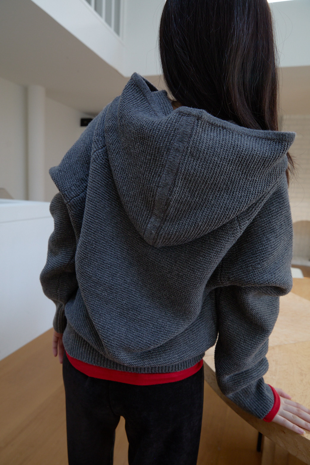 ニットウール混フードオーバーサイズルーズカンガルーポケット無地ニットFW | 詳細画像4