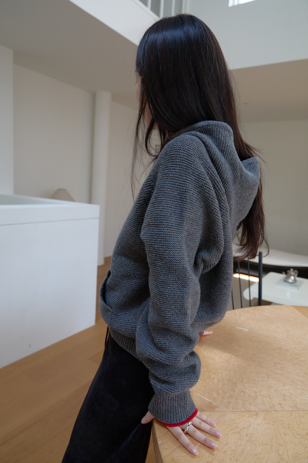 ニットウール混フードオーバーサイズルーズカンガルーポケット無地ニットFW | 詳細画像6