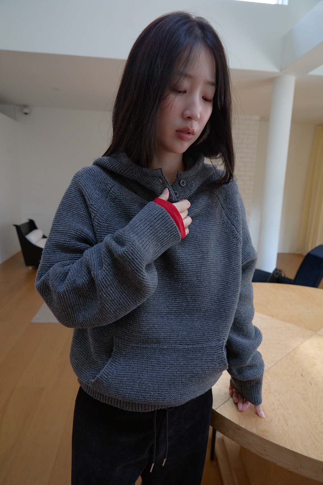ニットウール混フードオーバーサイズルーズカンガルーポケット無地ニットFW | 詳細画像7