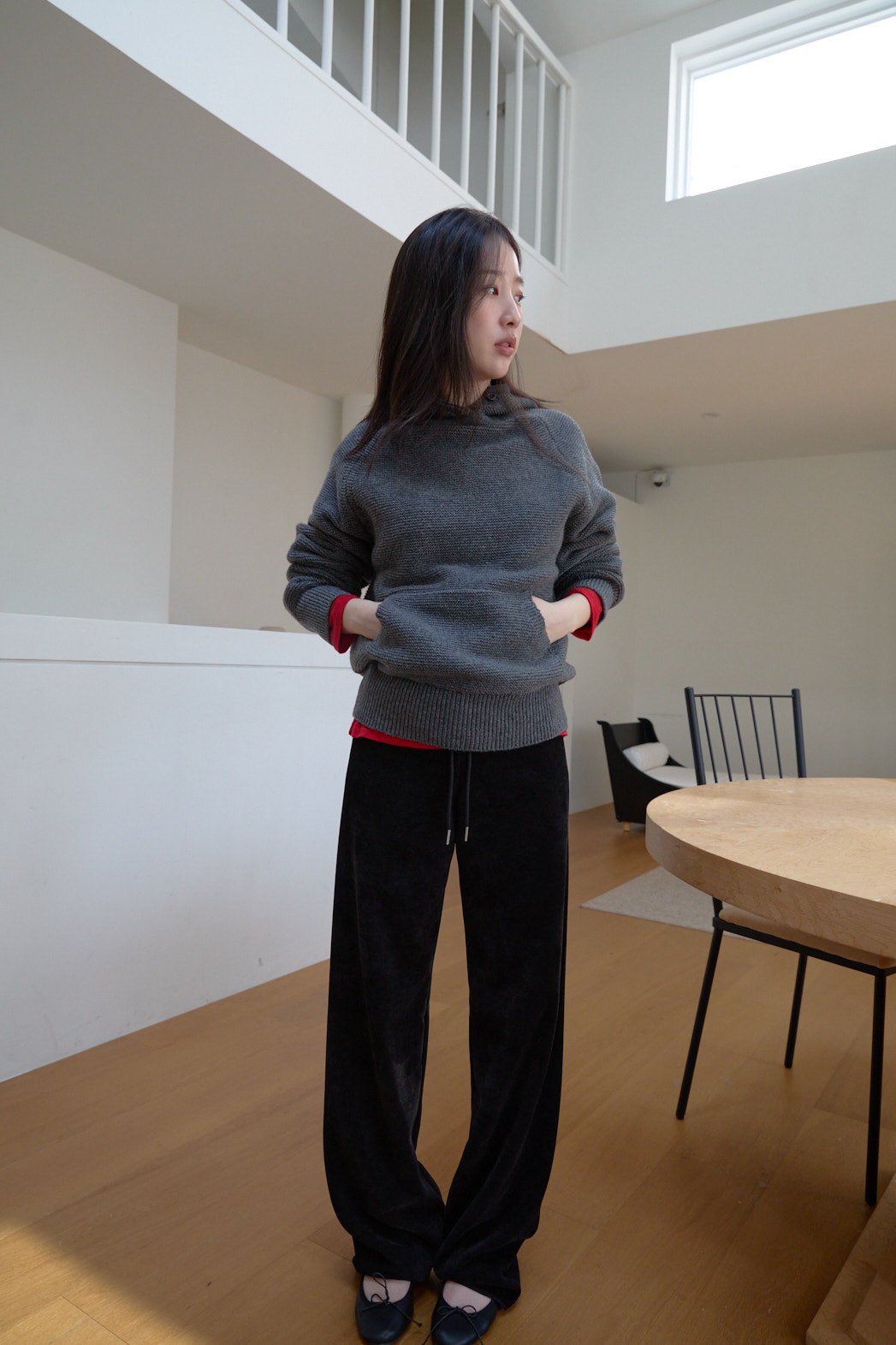 ニットウール混フードオーバーサイズルーズカンガルーポケット無地ニットFW | 詳細画像14