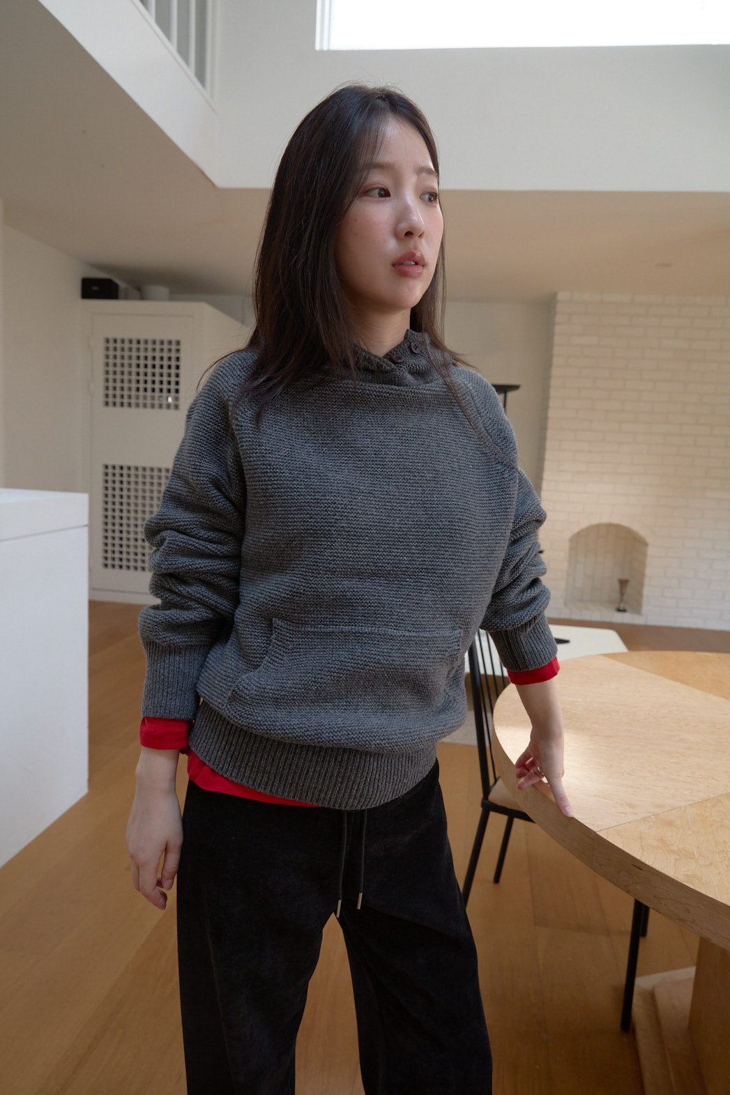 ニットウール混フードオーバーサイズルーズカンガルーポケット無地ニットFW | 詳細画像15