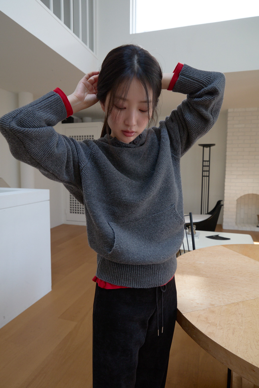 ニットウール混フードオーバーサイズルーズカンガルーポケット無地ニットFW | 詳細画像18
