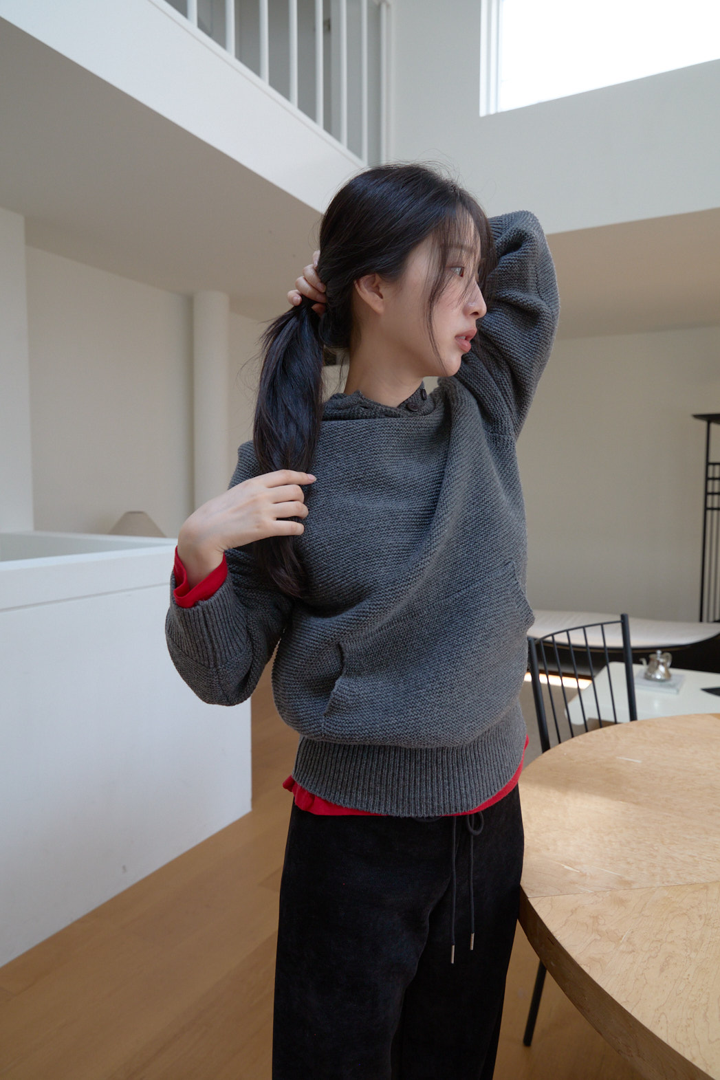 ニットウール混フードオーバーサイズルーズカンガルーポケット無地ニットFW | 詳細画像19