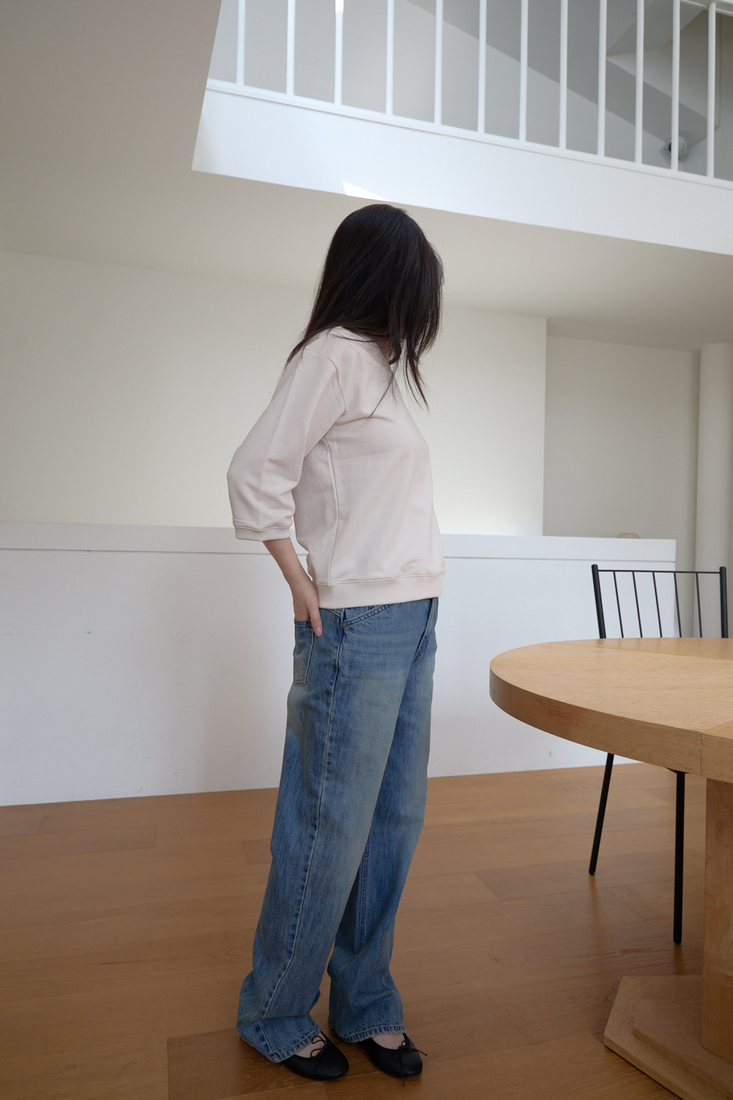 コットンVネッククロップド7分袖セミクロップド無地スウェットFW | 詳細画像4