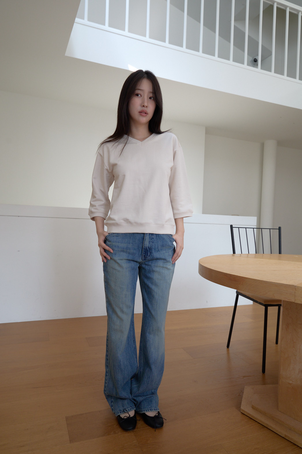 コットンVネッククロップド7分袖セミクロップド無地スウェットFW | 詳細画像8