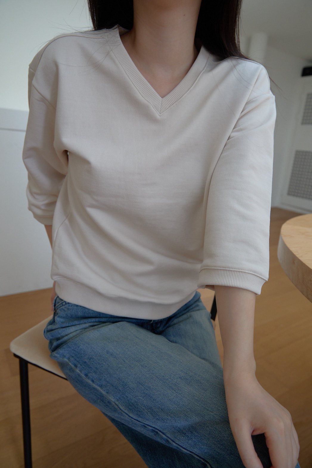 コットンVネッククロップド7分袖セミクロップド無地スウェットFW | 詳細画像12