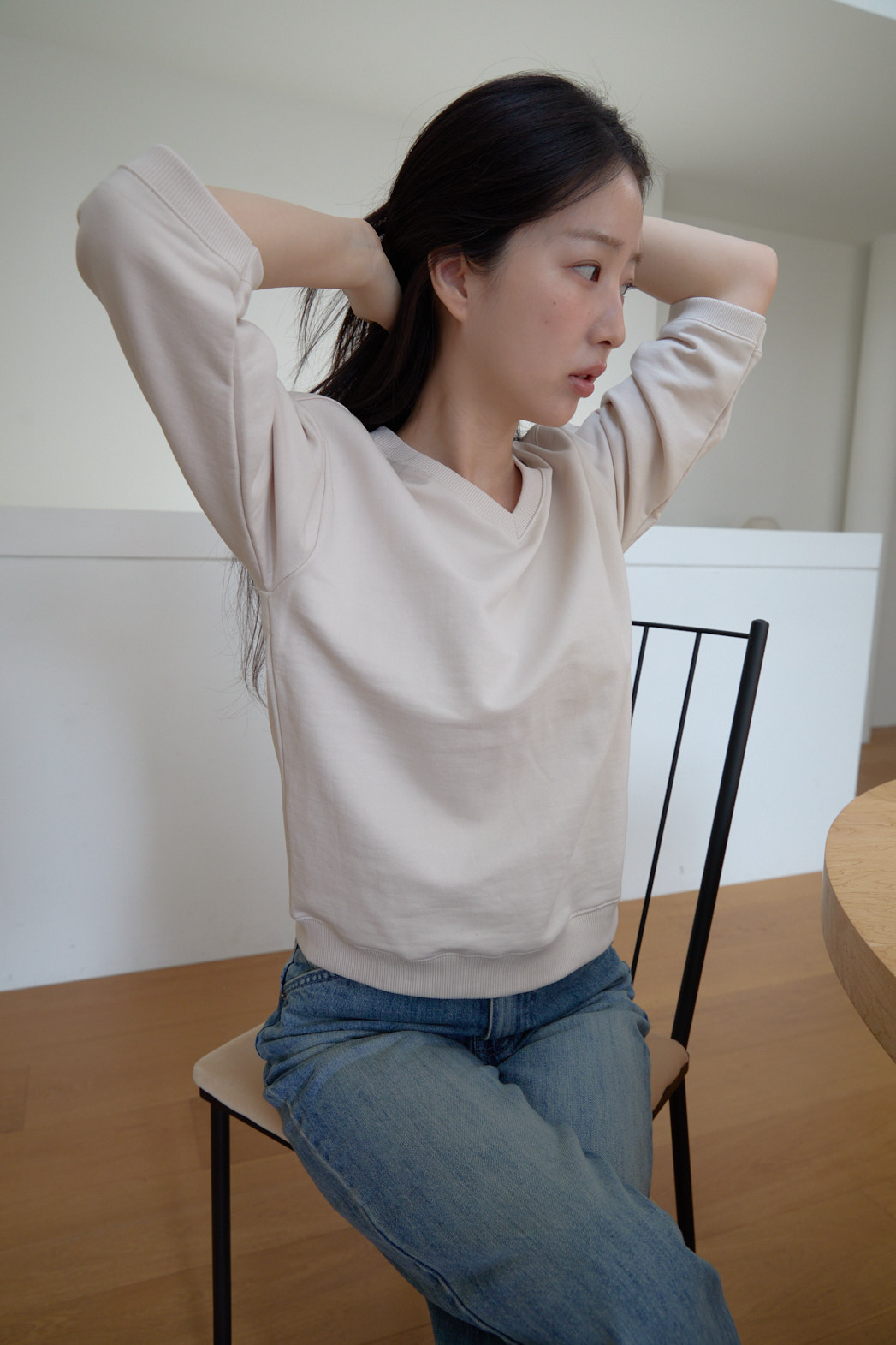 コットンVネッククロップド7分袖セミクロップド無地スウェットFW | 詳細画像13
