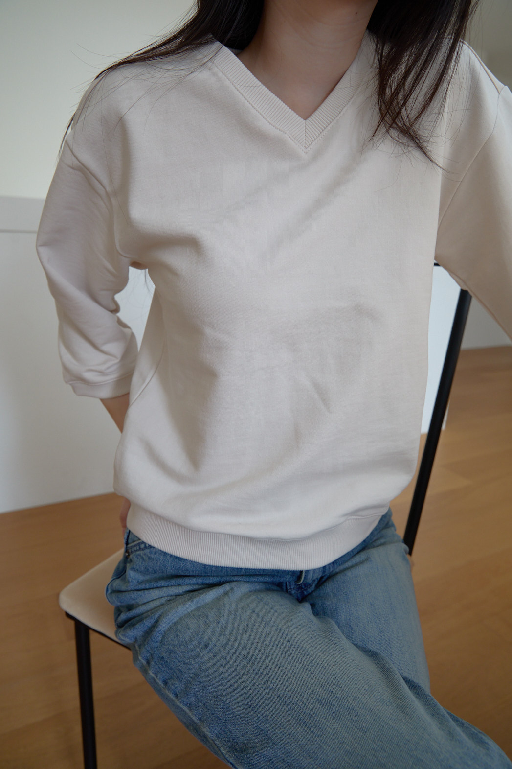 コットンVネッククロップド7分袖セミクロップド無地スウェットFW | 詳細画像14