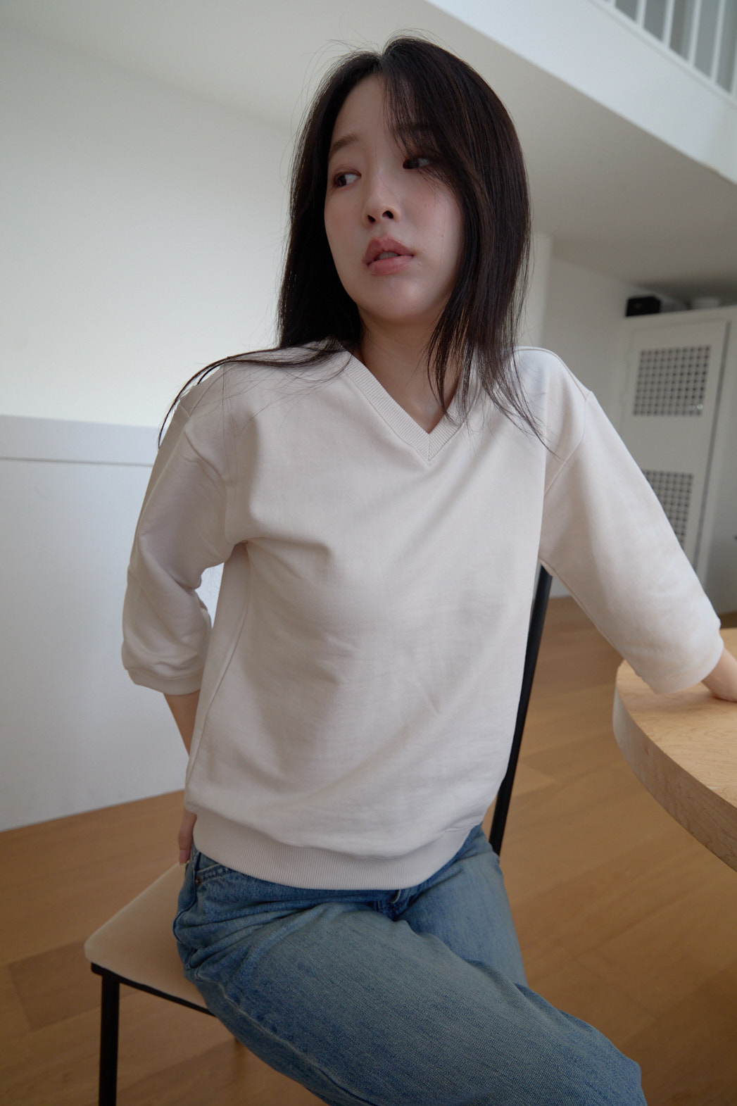 コットンVネッククロップド7分袖セミクロップド無地スウェットFW | 詳細画像15