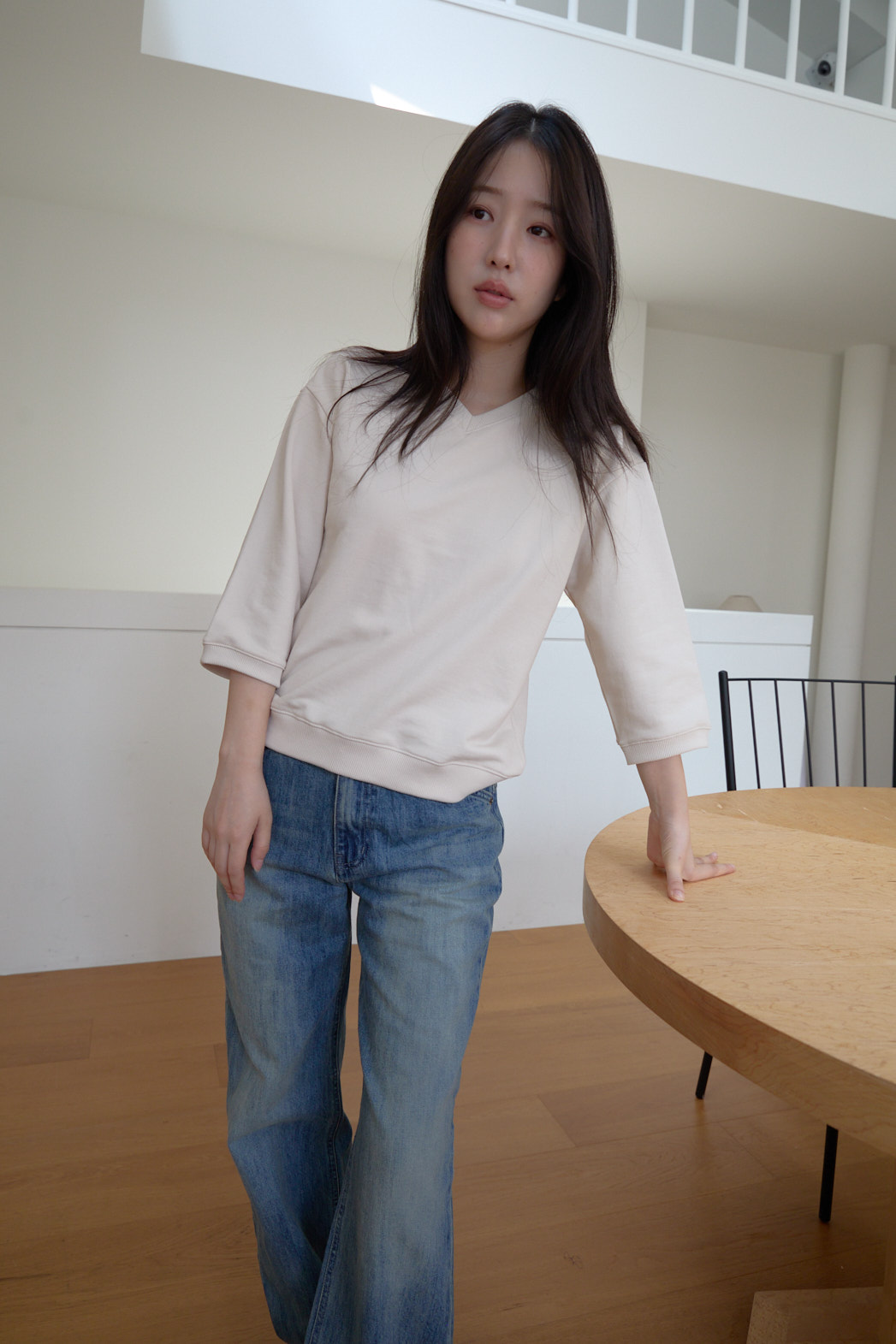 コットンVネッククロップド7分袖セミクロップド無地スウェットFW | 詳細画像20