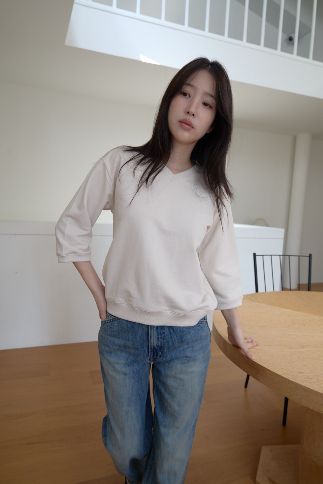 コットンVネッククロップド7分袖セミクロップド無地スウェットFW | 詳細画像21