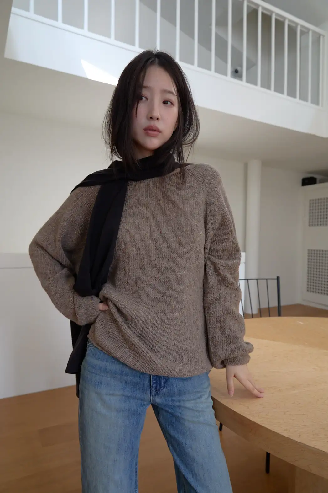 ニットウール混ボートネックオーバーサイズルーズ無地ニットFW | 詳細画像1