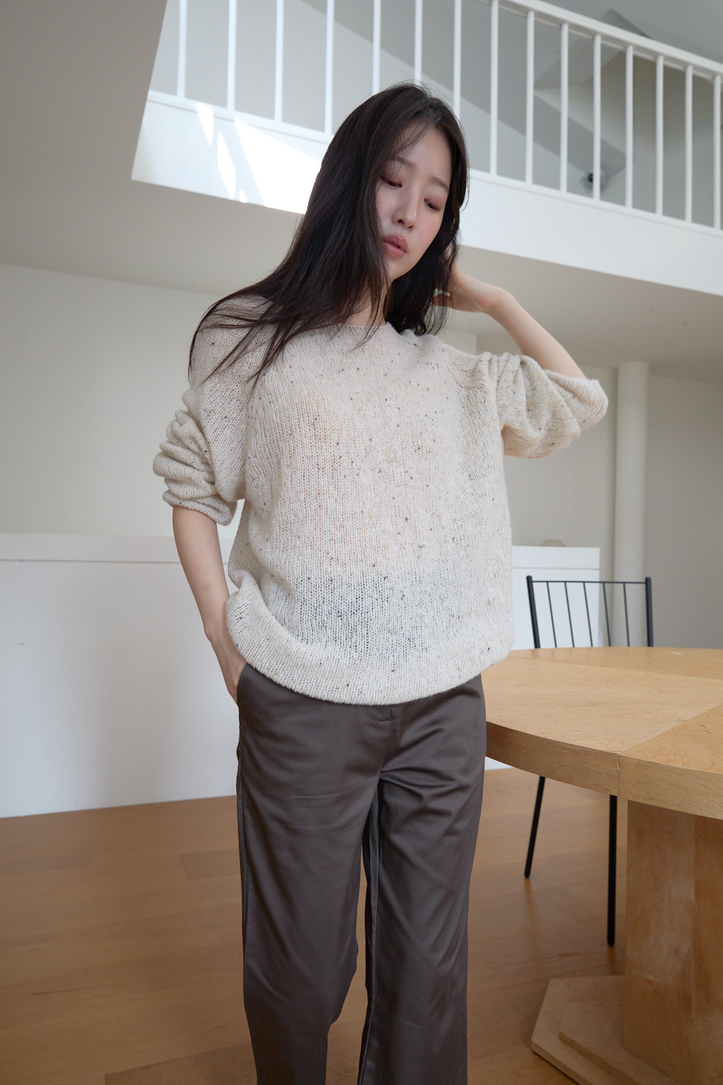 ニットウール混ボートネックオーバーサイズルーズ無地ニットFW | 詳細画像21