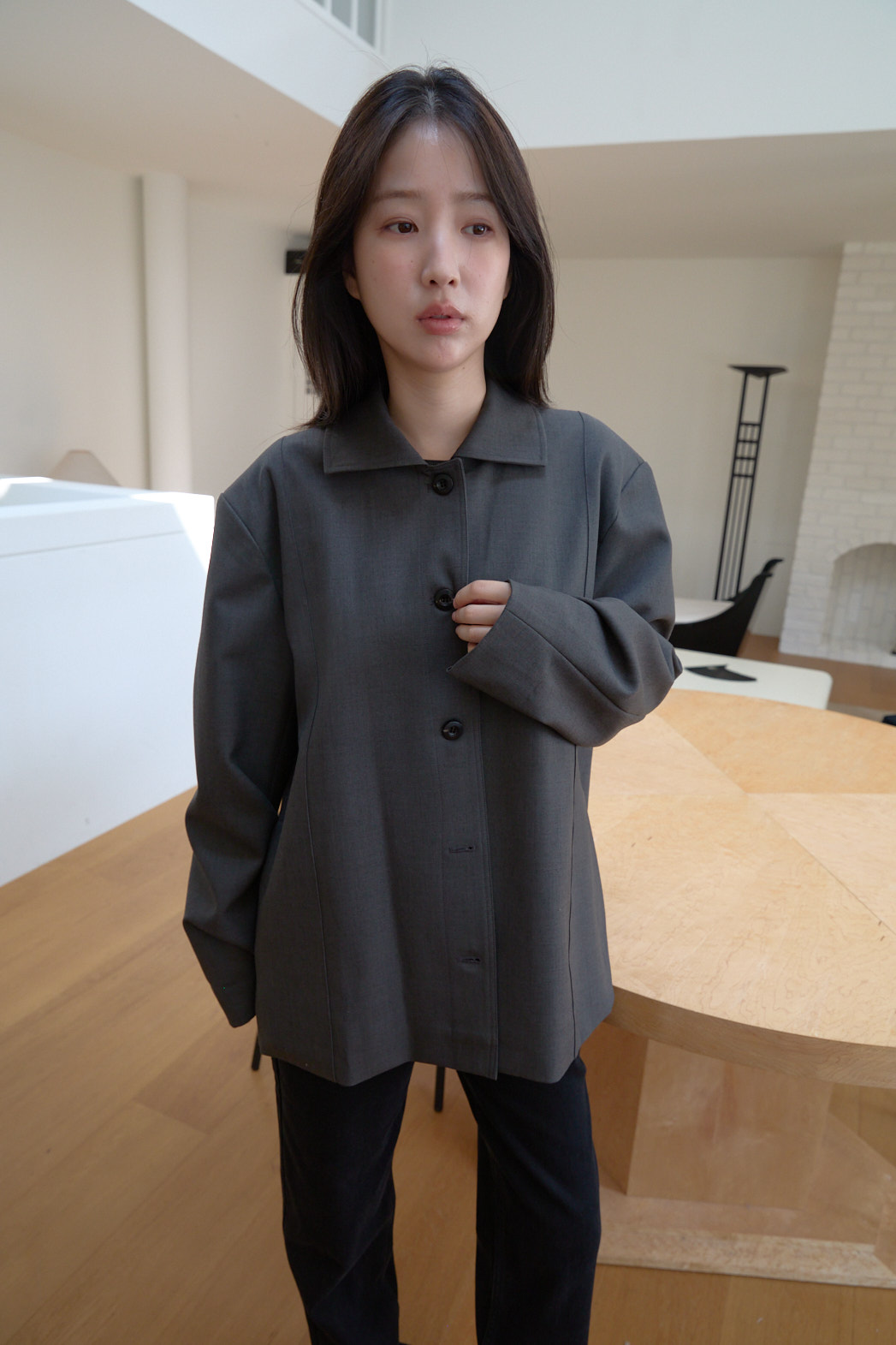 ウール混カラーワンボタンセミクロップド無地ジャケットFW | 詳細画像2