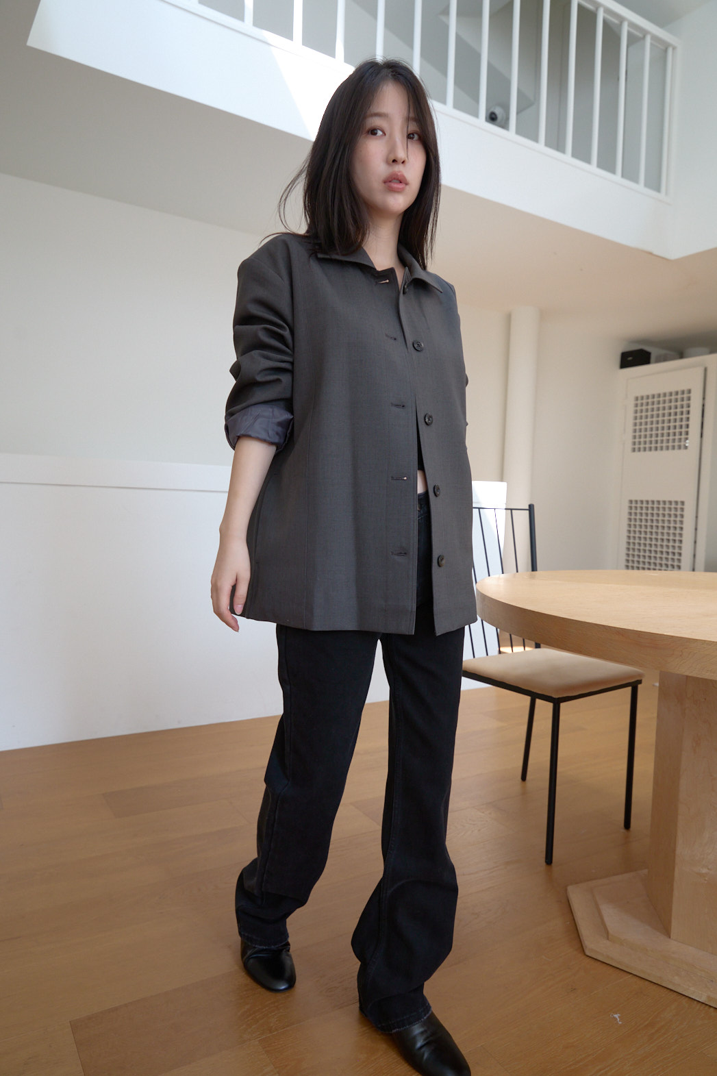 ウール混カラーワンボタンセミクロップド無地ジャケットFW | 詳細画像12
