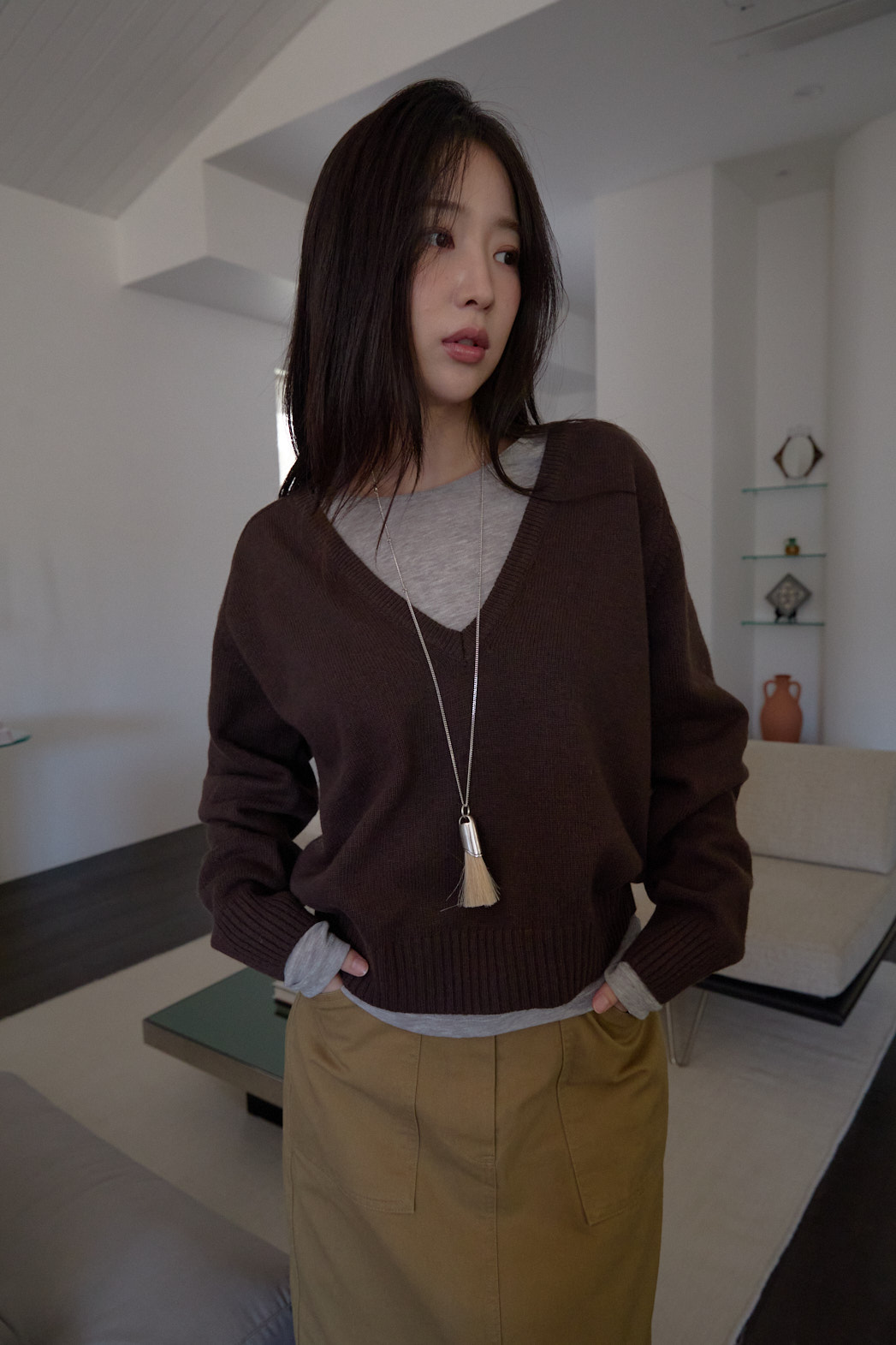 カシミヤ混Vネックルーズ無地ニットFW | 詳細画像8