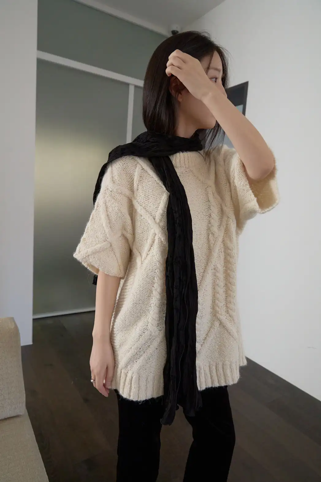 アルパカ混紡ラウンドネックケーブルルーズケーブルニットFW | 詳細画像1