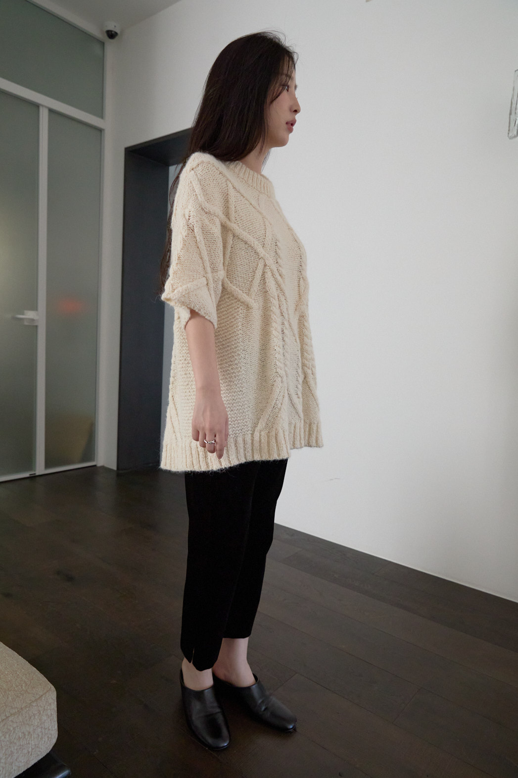 アルパカ混紡ラウンドネックケーブルルーズケーブルニットFW | 詳細画像7