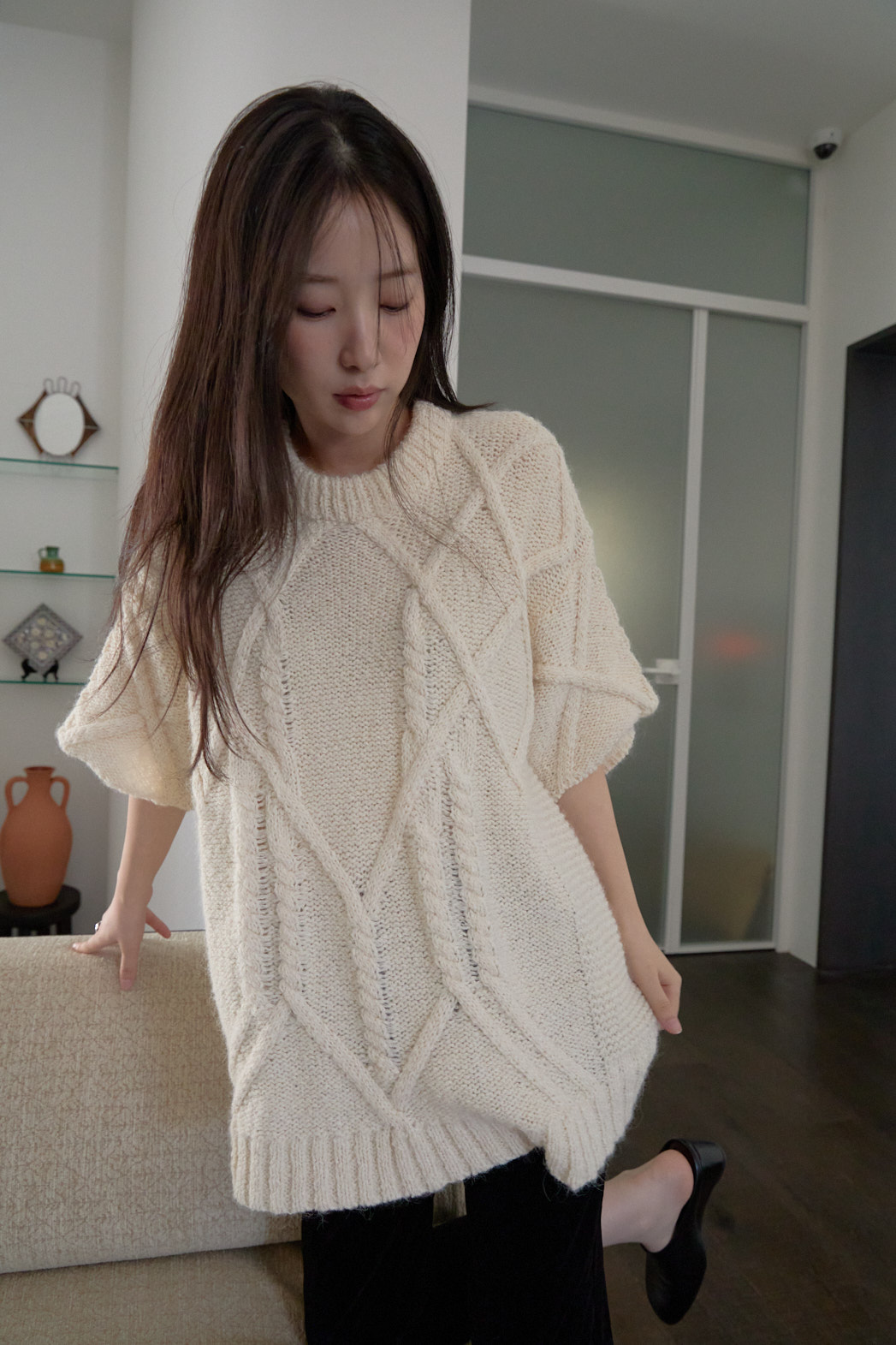 アルパカ混紡ラウンドネックケーブルルーズケーブルニットFW | 詳細画像15